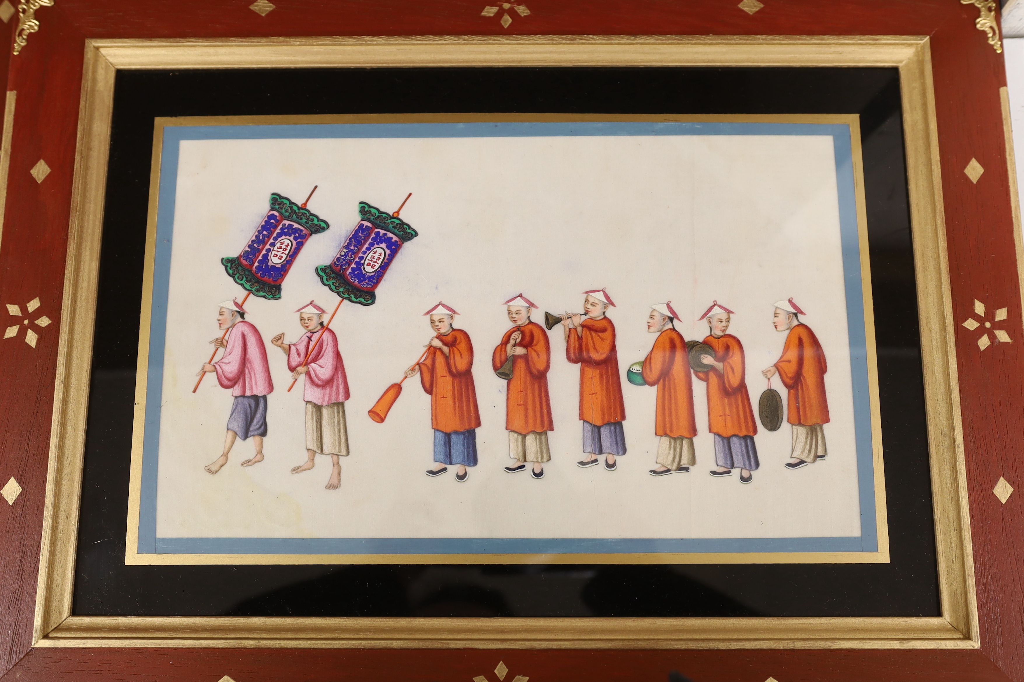 19th century Chinese School, set of six pith paper paintings, Procession scenes, 18 x 30cm